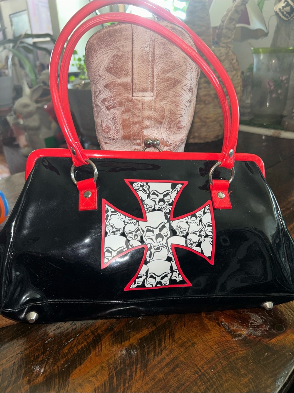 Black Patent Shoulder Bag with Red Trim and Skull Cross Detail